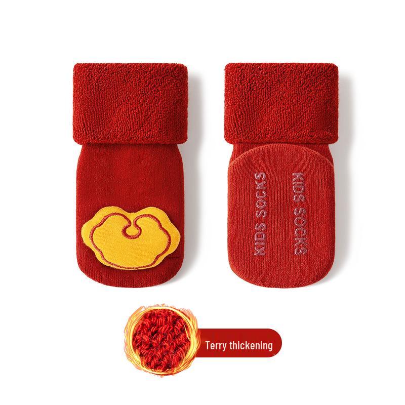 Newborn Non-Slip Red Cotton Socks: Thick & Cozy for Autumn/Winter, Ideal for 100-Day Birthday & New Year Celebrations