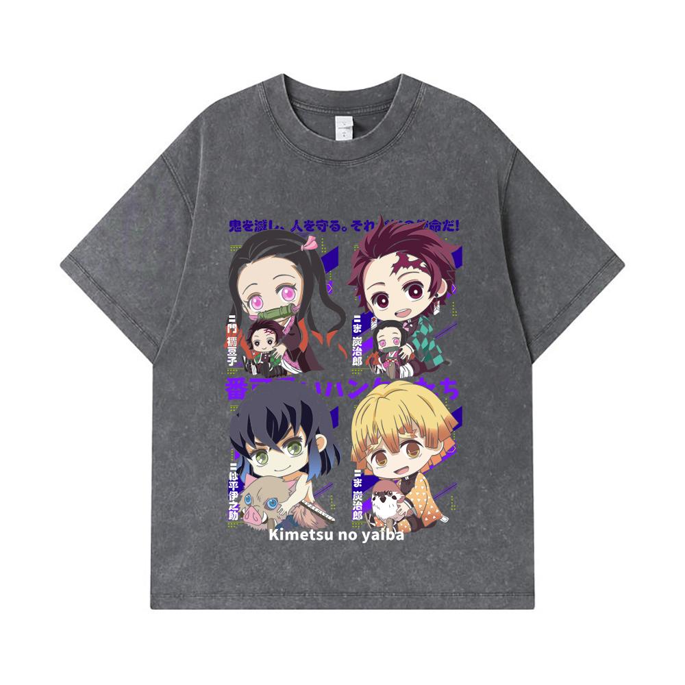 275 GSM Washed T-shirts 100% Cotton Demon Slayer V80 Hashiras Chibi Print Unisex Heavy Cotton T Shirt