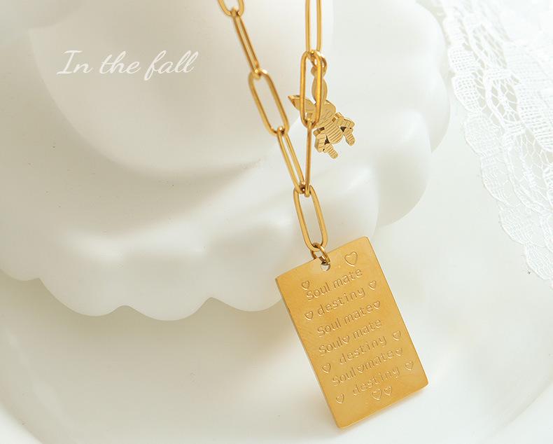 Love Letter Rabbit Pendant Necklace: Rectangle, Long Chain, Fade-Resistant Gold-Plated Titanium Steel.