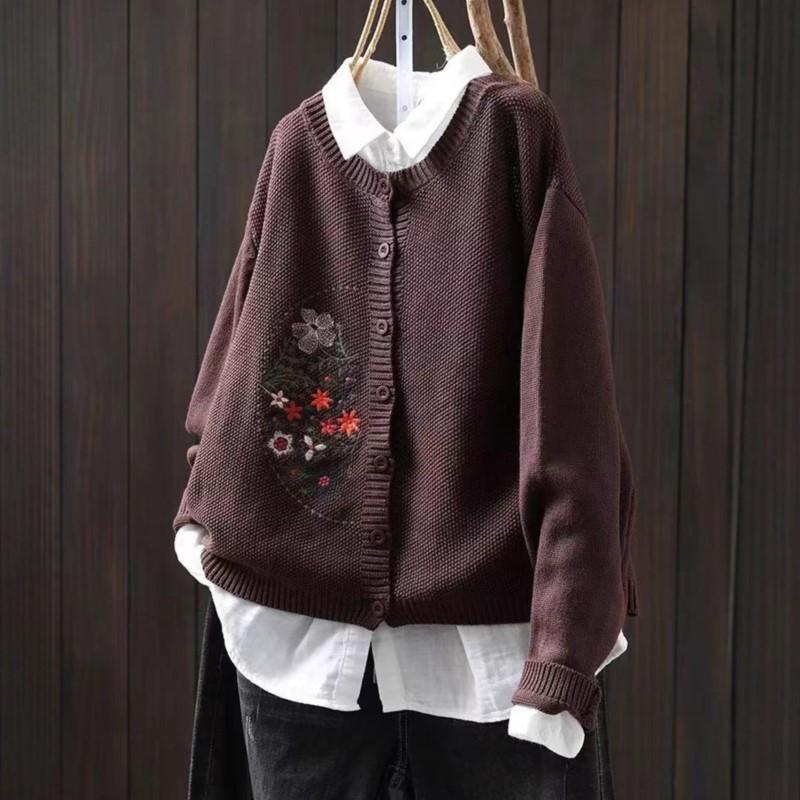 Johnature Women Vintage Embroidery Floral Sweaters O-Neck Long Sleeve Solid Color Button Knitted Autumn Sweaters