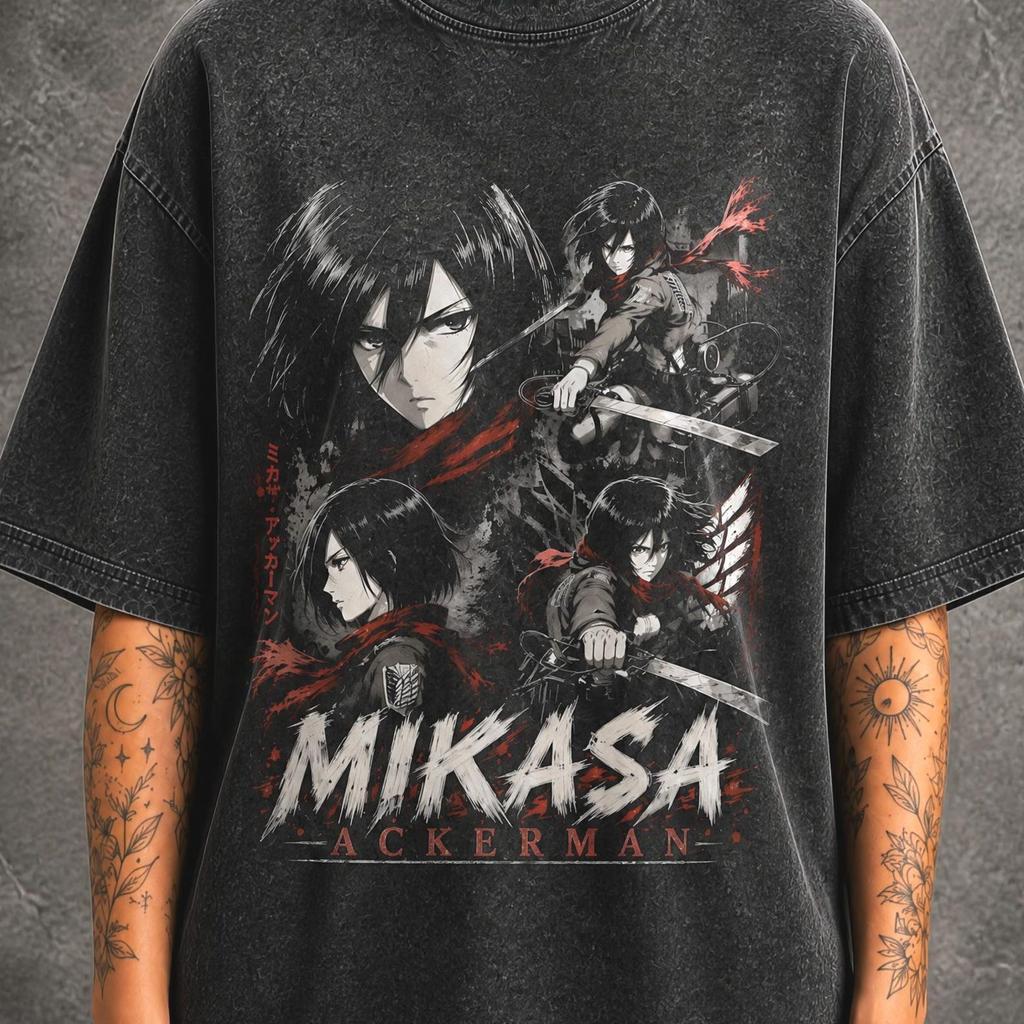 Mikasa Ackerman Bootleg AOT Mineral Washed Graphic Shirt | Heavyweight Oversized Tee | Vintage Streetwear