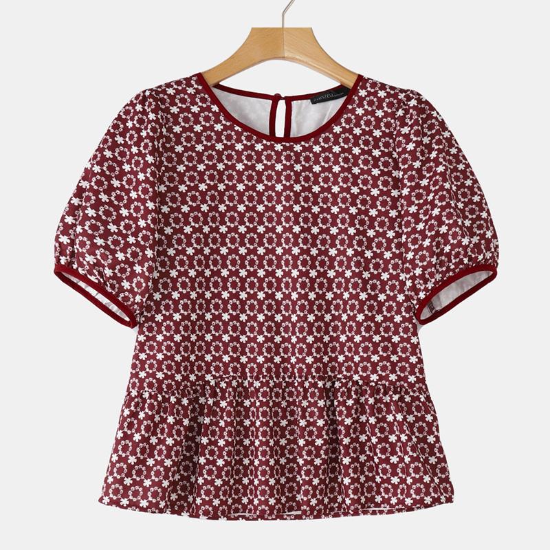 

ZANZEA Женская повседневная блузка с круглым вырезом, цветочным принтом и коротким рукавом S вино красного