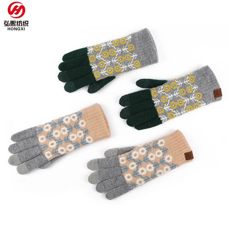 Japanischer Herbst und Winter Explosion Wolle kontrastierende Wolle gestrickte Handschuhe Retro Jacquard Samt Radfahren warme Handschuhe