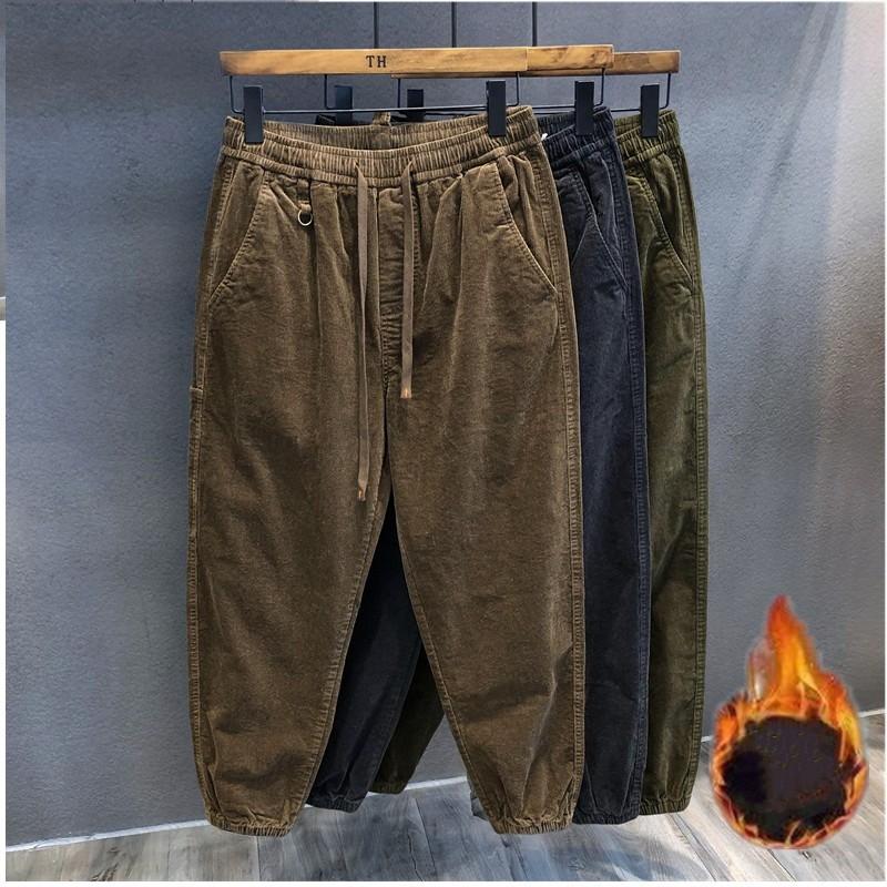 Herren Winter Retro Cordhose Lässig mit Fleece Futter, Bündchen, Elastischer Bund, Locker Geschnitten Arbeitskleidung Hose, Herbst Einzelstück Hose