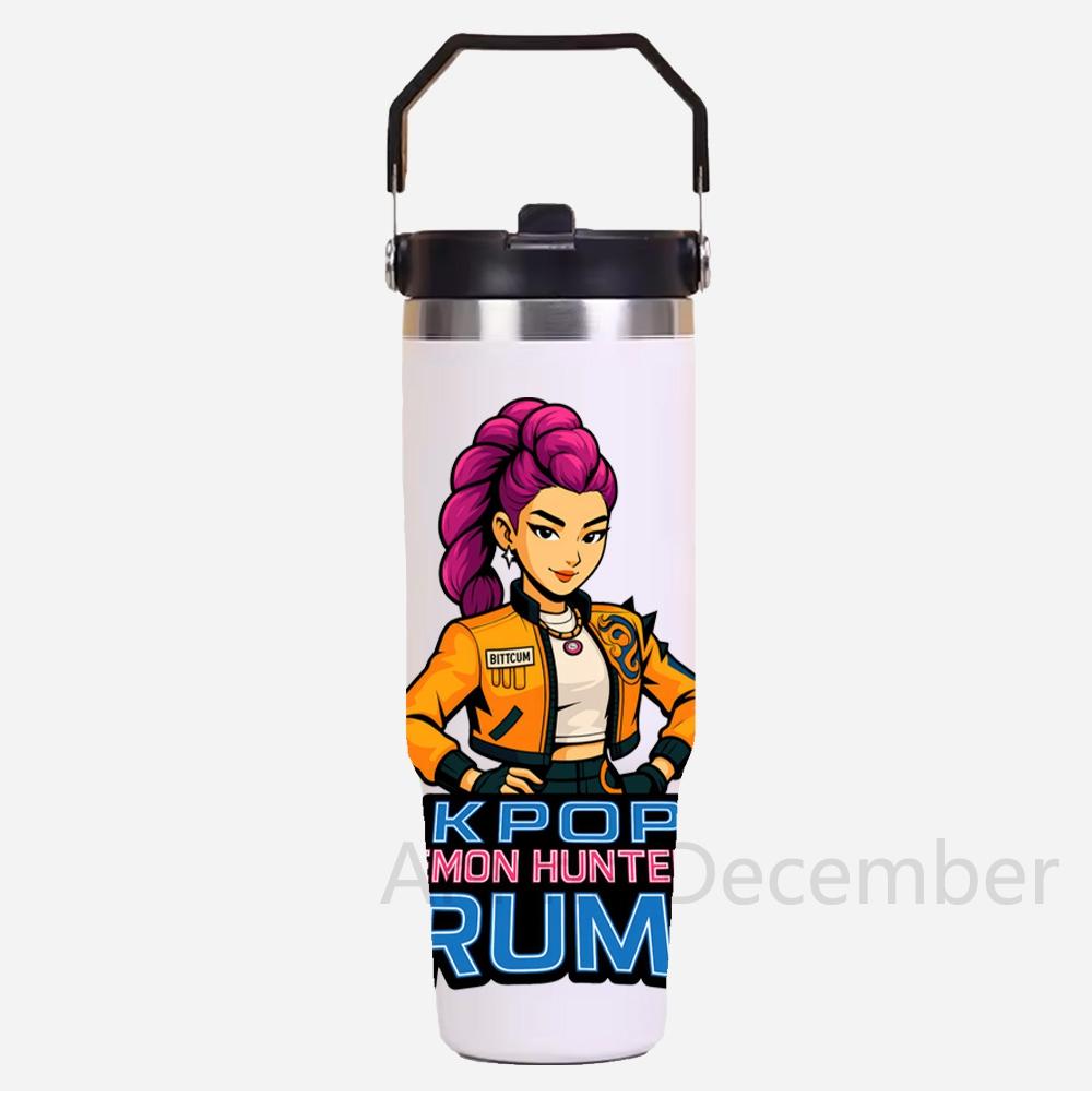 30Oz Anime K-Pop Large Capacity Portable Car Cup Stainless Steel Thermos Cup with Straw Handle Travel Sports Water Bottle Vacuum Flask