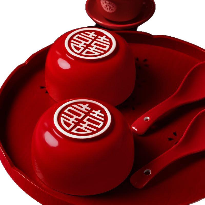 Ensemble de tasses à thé de mariage Double Bonheur: Service à thé rouge avec bol, baguettes et une paire de tasses - Parfait pour les cadeaux de mariage et la dot.