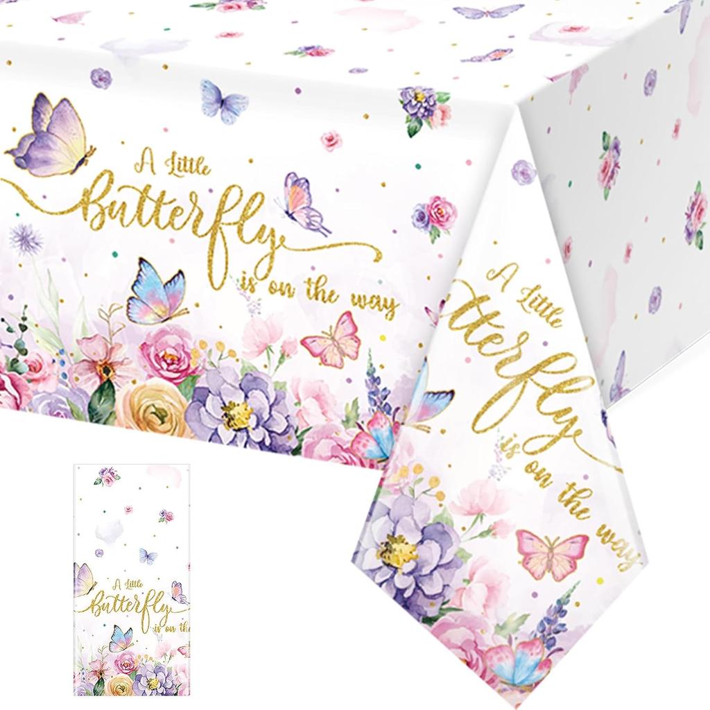 FunnyPars 3 Pack Butterfly Baby Shower Tablecloth, Little Butterfly is On The Way Baby Shower Decorations, Plastic Disposable Rectangle Watercolor