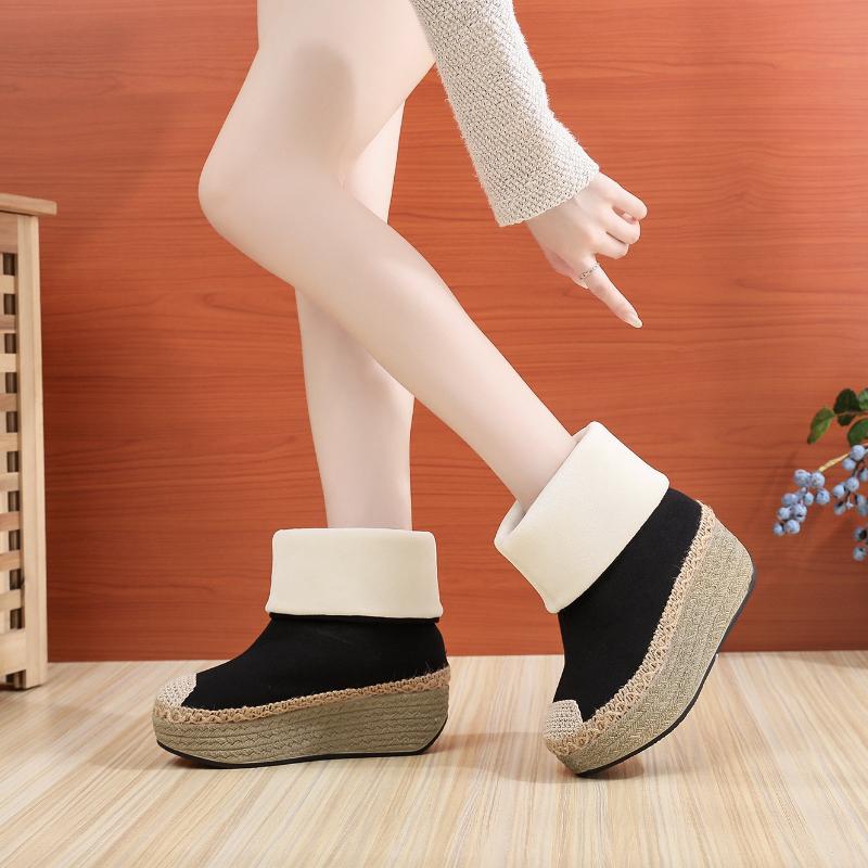 Fashion Retro Women's Cotton Shoes 2024 Winter New Item with Outward Turned Edge Splicing Round Head Women's Casual Fabric High Top