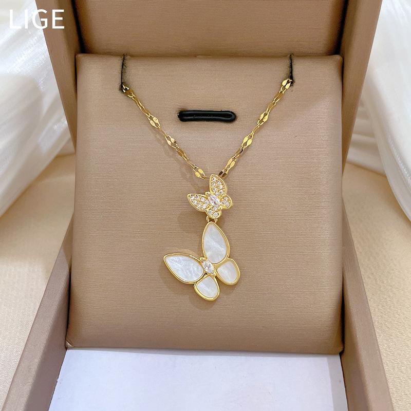 Light Luxury Fritillary Butterfly Micro-Inlaid Real Gold Necklace Women'S Transfer Collarbone Chain With Jewelry