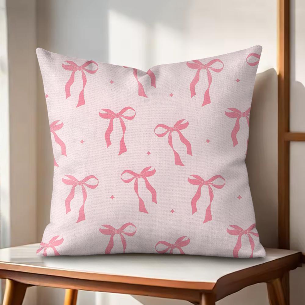 Pink Bow Cushion Cover Natural Linen Organic Fabric DoubleSided Printing Couch Pillow Covers Home Decor