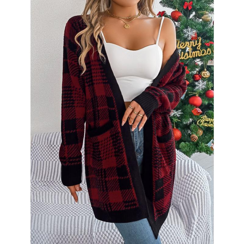Women Casual Color Block Plaid Pocket Long Sleeve Open Cardigan Sweater Coat