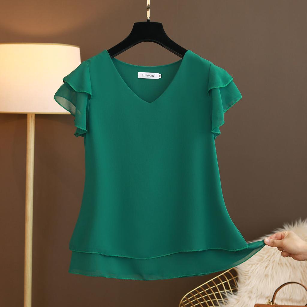 Summer Women Blouse V-Neck Chiffon Shirt Loose Female Short Sleeve Blouse Oversized Shirts Womens Tops
