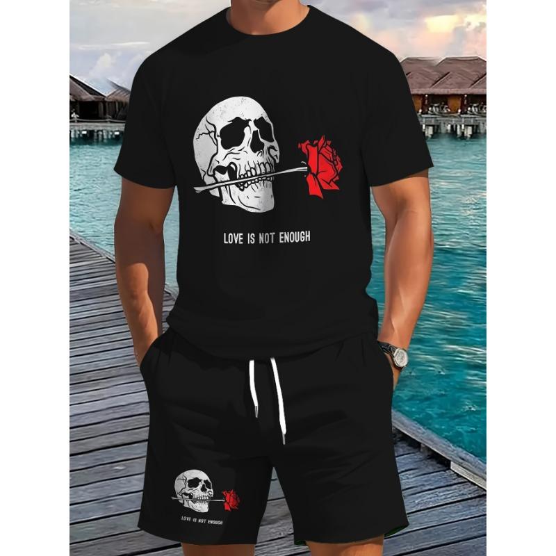 New Summer Men's Set Men's Street King T-Shirt Two-Piece Set Casual Wear Loose-Fit Crew Neck Beach Sports Set