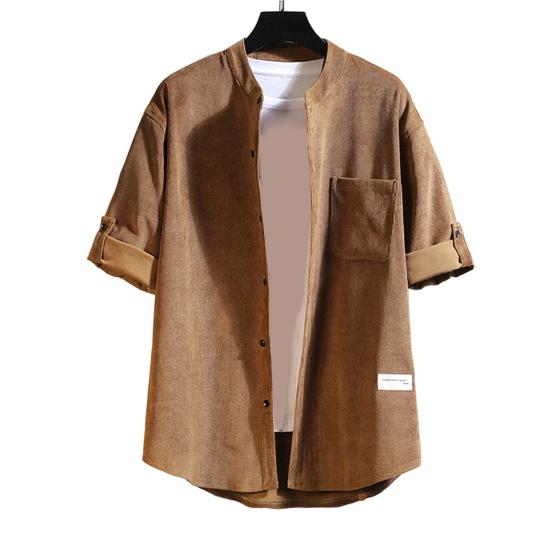 

Мужской топ, потрясающая износостойкая рубашка с коротким рукавом, повседневная мужская однобортная рубашка, верхняя рубашка на пуговицах для мужчин L хаки