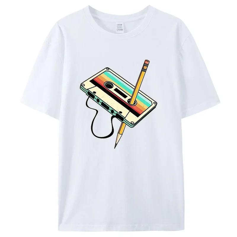 Men Short Sleeve 80s Cassette Tape Pencil 1980s Retro Vintage Throwback Music TShirt Women Clothing Vintage T Shirt Camisetas