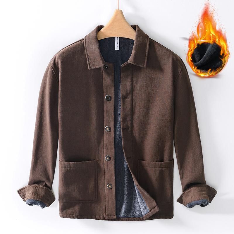 Chinese Style Winter Jacket Men Ramie Cotton Fleece Coat Daily Casual Keep Warm Button Jacket Traditional Men Clothing