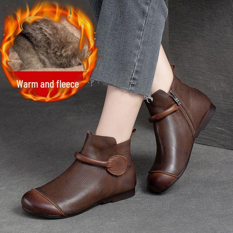 

Ретро жіночі черевики на щиколотку з натуральної шкіри - Тепла велюрова підкладка, Нековзна м яка підошва, Зимові вовняні снігові чоботи 40