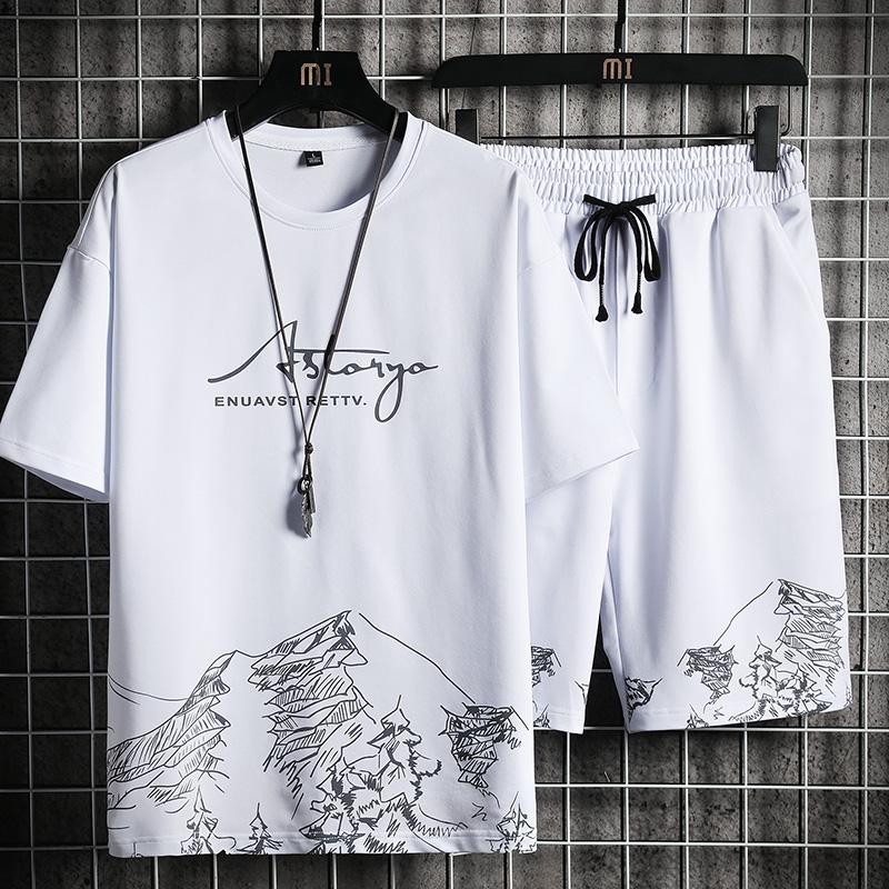 

Men s T-shirt + Shorts Set Summer Breathable Casual T Shirt Running Set Fashion Harajuku Printed Male Sport Suit 2026 New M белый