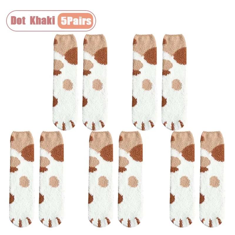 Winter Coral Fleece Socks Mid Calf Cute Cat Paw Design Thickened Warm Sleep Socks for Women Girls Indoor Cold Weather Wear