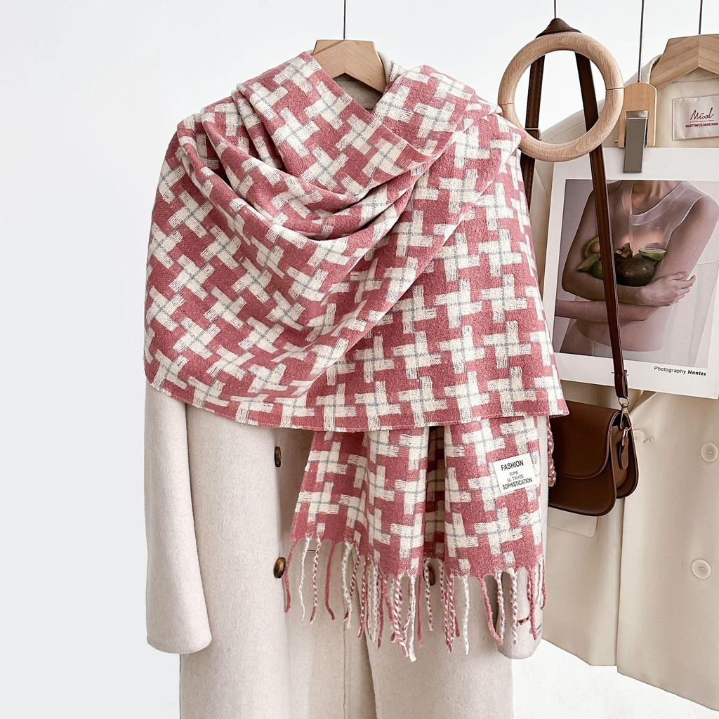 Women's Winter Plaid Imitation Cashmere Tassel Scarf, Thickened Korean Style Neck Warmer