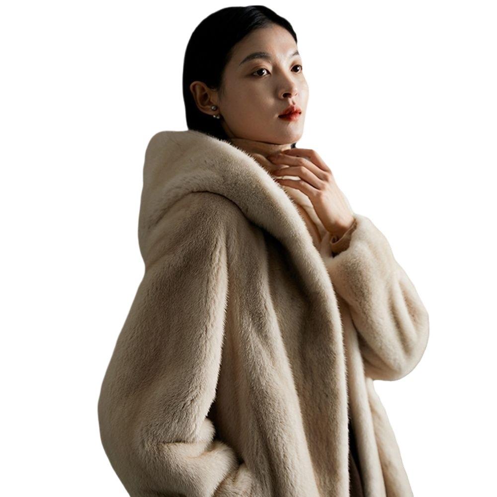 Autumn and Winter New Imitation Mink Fur Coat Women's Hooded Medium and Long Imitation European Mink Fur Coat Light