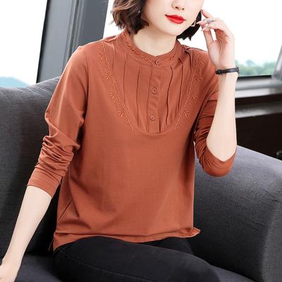 Reines Baumwoll-Langarm-T-Shirt für Damen, lockere Tanten-Freizeithemden, für Mütter mittleren und höheren Alters, Oberteile für Frühling und Herbst, Basisshirts
