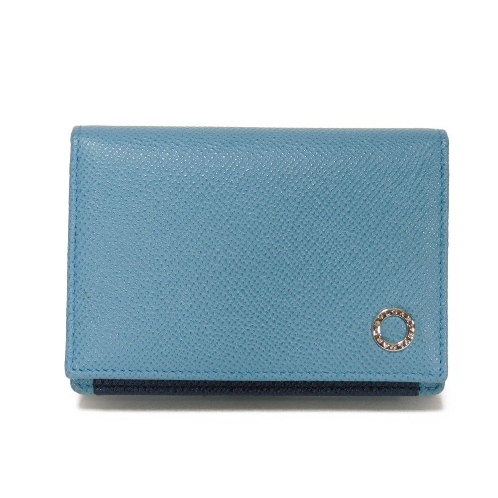 Used Bulgari Man Business Card Holder 7946 Navy Bi-Color Calfskin Bifold RFID Case (11679) Logo Metal Light Blue Men's