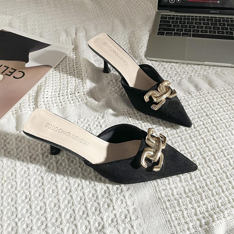 New Summer Women Sandals Shoes Metal Chain Flats Pointed Toe Women's Slippers Ladies Casual Shoes Outside Slides