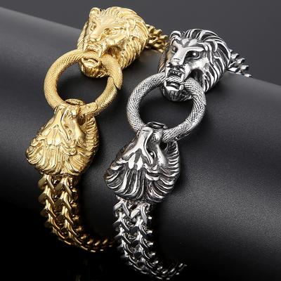 Lion Head With Square Franco Link Chain Bracelet Man Stainless Steel Men's Bracelets Masculine Jewelry Gifts for Birthday