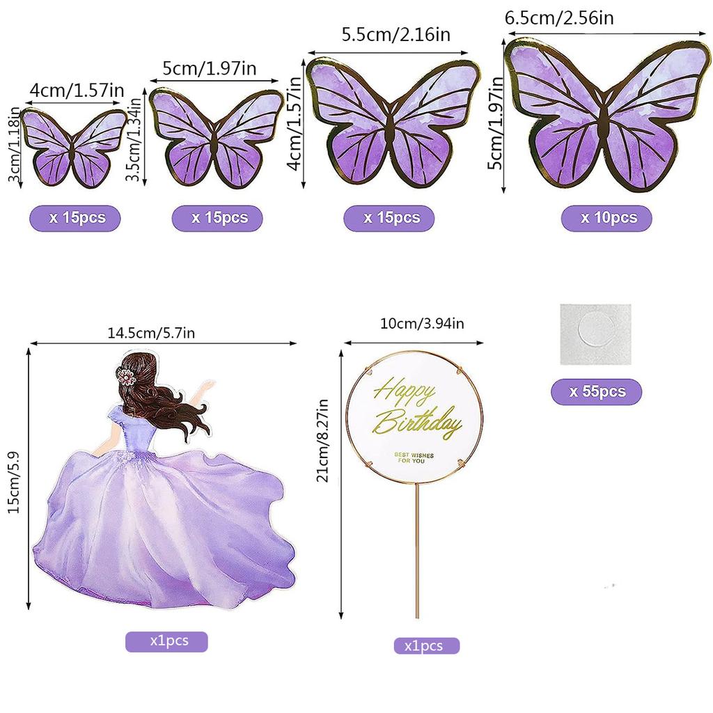 57Pcs Butterfly Happy Birthday Cake Toppers  Decorations Party Supplies with Metal Gold Happy Birthday Cake Topper for Wedding