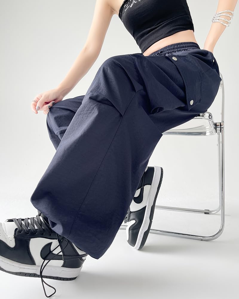 HIMATI Cargo Long Wide Leg Cargo Pants with Loose Hip Hop Stylish Bottoms Navy Size M Women's Pants, Pants, Pockets, Fit, Dance, - -