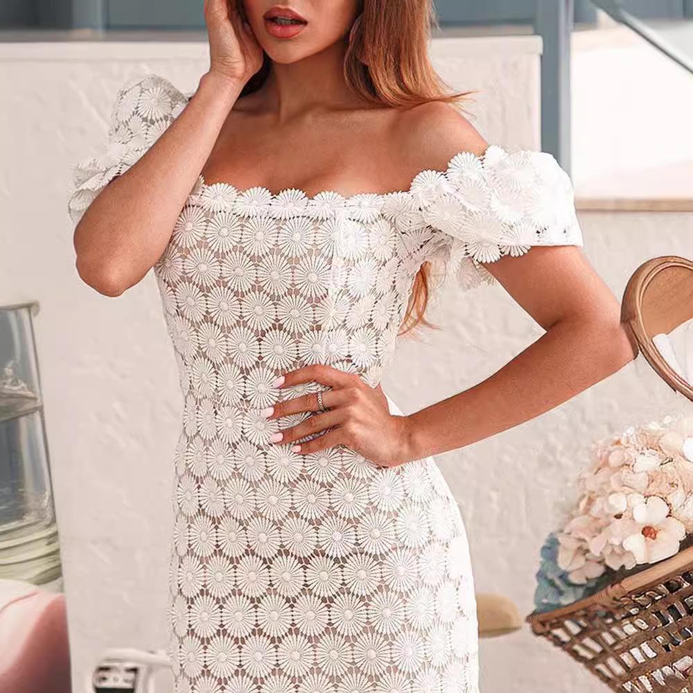 2022 Lace Midi Dress: Elegant, Solid Color, Mid-Waist, Bandeau, Three Colors Available