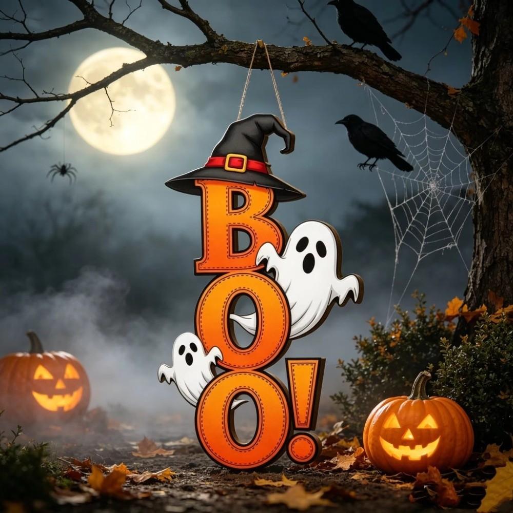 Gothic Ghost Witch Hat Door Hanger Wooden BOO Letter Wall Ornament  Kitchen Hanging