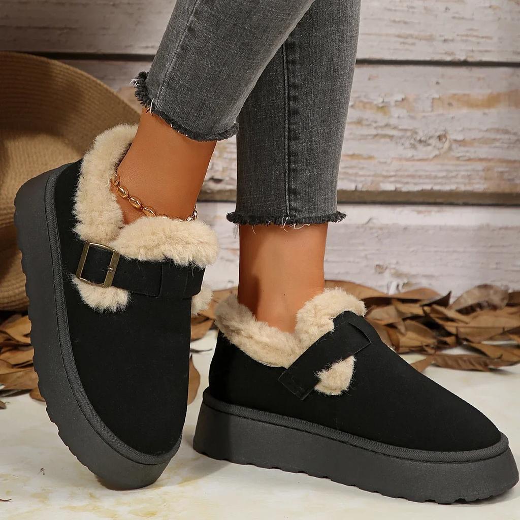 Neue Damen Schuhe Slipper Damen Stiefel Winter Runde Zehenpartie Einfarbig Wildleder Plüsch Warm Mittelhoch Absatz Schneestiefel Schwarz Botas Mujer
