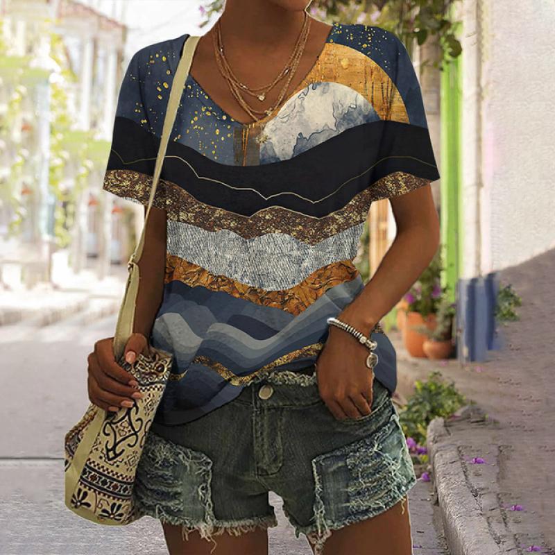 Gestreiftes T-Shirt für Damen, neue einfache Kleidung, lässig, V-Ausschnitt, kurzärmelig, T-Shirt, Harajuku, Retro-Druck, Damen-T-Shirt, Sommer