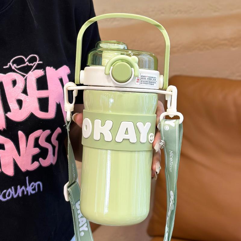 Girls' Stylish 316 Stainless Steel Thermos Cup with Straw & Crossbody Strap, Dual-Opening, 2023 Model