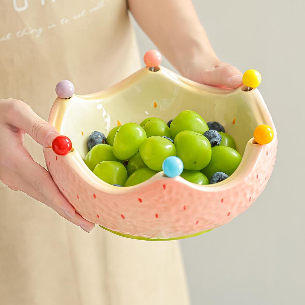 Creative Cartoon Ceramic Fruit Bowl Fork Set, Strawberry Shape, Milkshake Bowl
