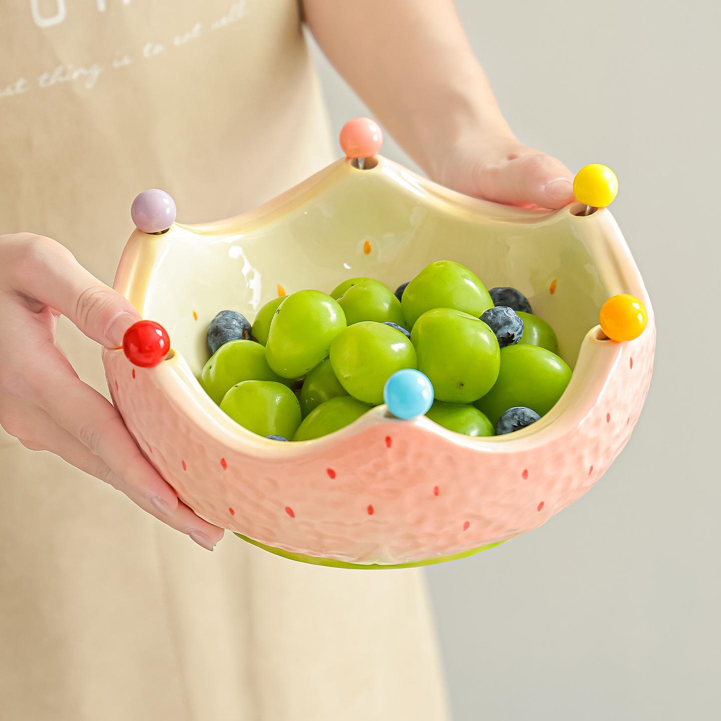 Creative cartoon ceramic fruit bowl fork set, strawberry shape, milkshake bowl