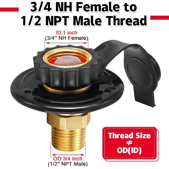 RV City Water Inlet With Check Valve, 3/4 NH Female To 1/2 NPT Male Black Flange RV Fresh Water Inlet, Lead-Free Brass RV Water Connection Inlet With