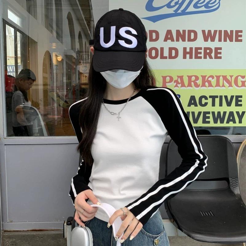 Retro Spice Girl Design Sense Slim Skinny Short Contrast Color Crew Neck Shoulder Long Sleeve Women's Autumn Fashion Age Reduction