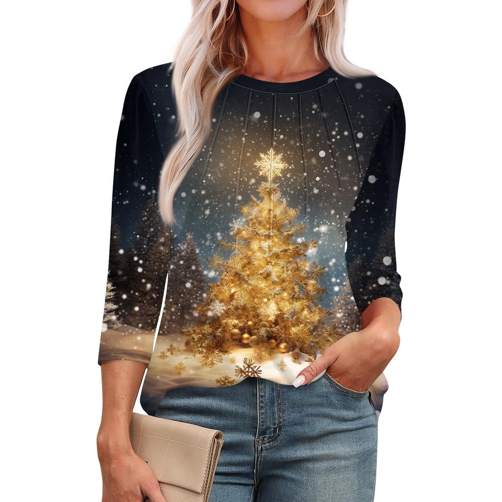 Women's Fashionable Round Neck 3/4 Sleeve Printed Casual Basic Pleated Pullover T-shirt Top