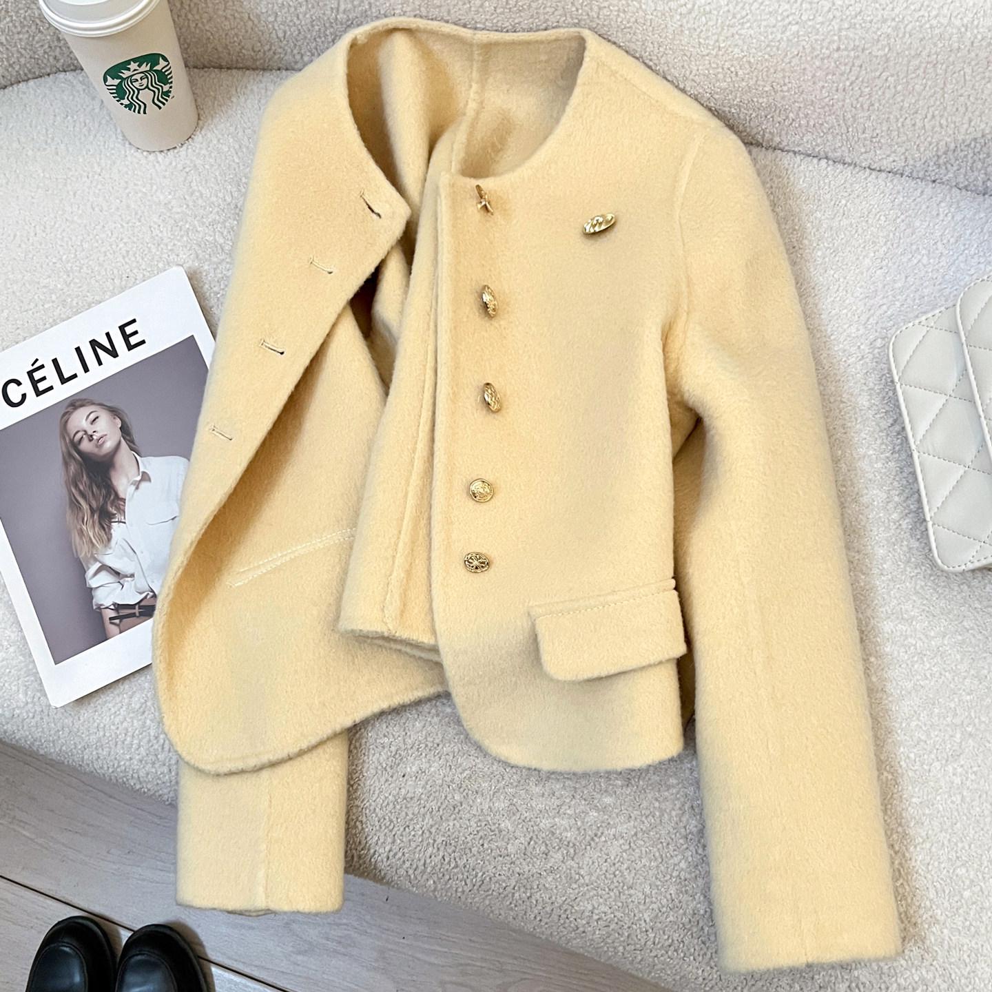 Женская шикарная желтая кашемировая шерстяная куртка - Корейский стиль Весна 2026 Small жёлтый