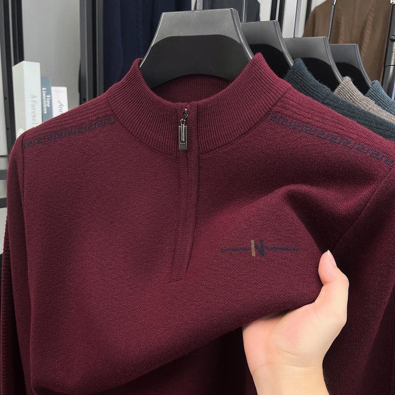 Men's Autumn/Winter Embroidered Knit Sweater: Zipper Stand Collar, Middle-aged Style, Fashionable & Thick, Versatile Warmth