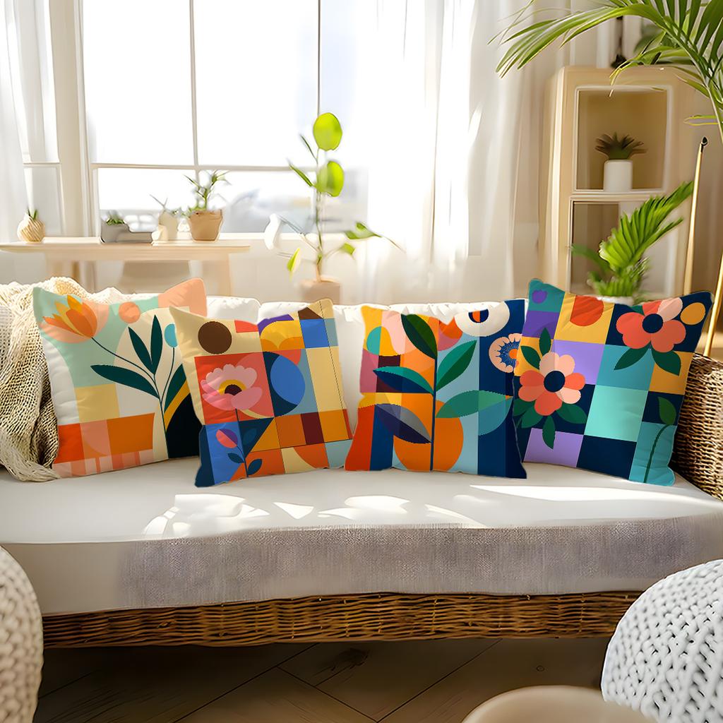 Modern Geometric Floral Throw Pillow Covers Colorful Abstract Flower Print Cushion Cases, Mid-Century Home Decor For Living Room