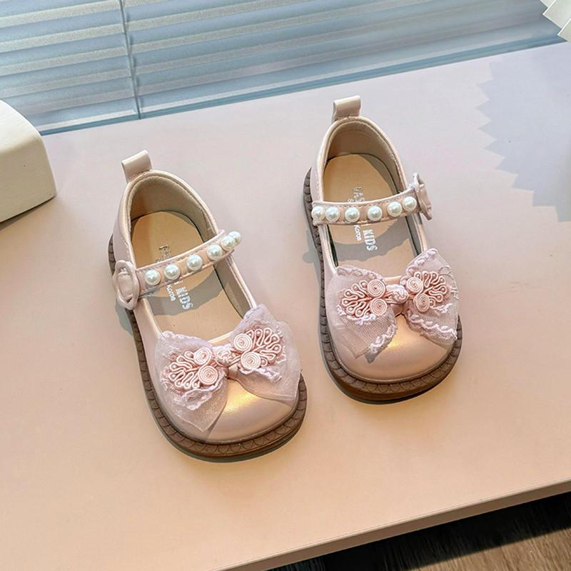 Girls Leather Shoes for Party Wedding Kids Fashion Pearls Sweet Princess Shoes with Mesh Bow-knot Children Mary Janes Shoes