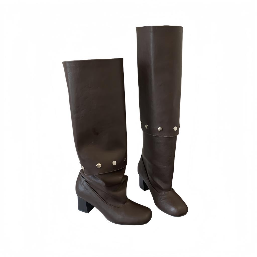 Two wear removable knee boots 2025 summer new retro thick heel rivet thin tall stacking boots