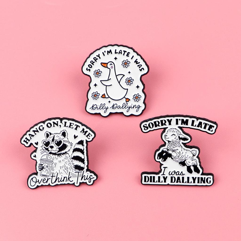 Cartoon Raccoon Alpaca Metal Brooch: Creative English Quote Badge for Clothing