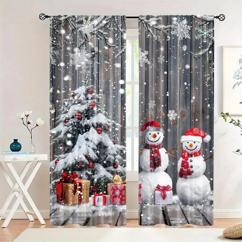 

Set Of 2 Christmas Snowman Gift Snowflake Pattern Printed Curtains Home Decoration Room Curtain Polyester W100*H70(CM)-Grommet top&2PCS