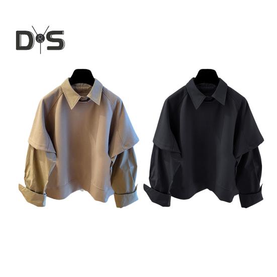 Pánská košile klopa dlouhý rukáv jednobarevná prošívaná falešný dvoudílný design pulovrové topy volný střih ležérní košile pracovní oděv