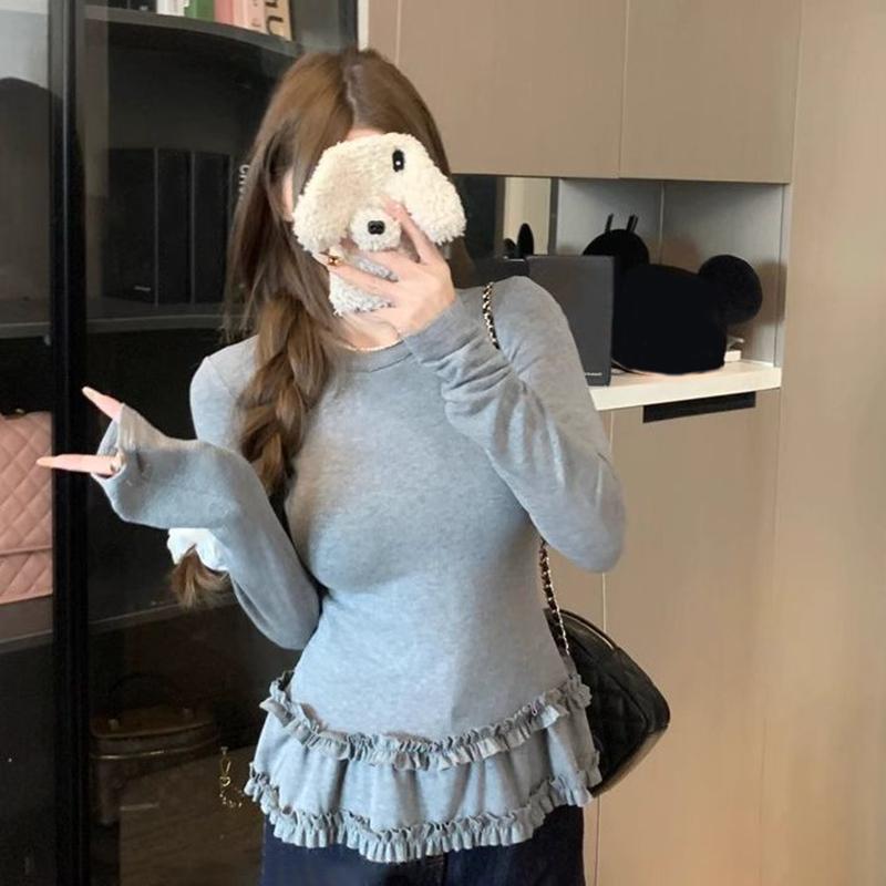 Women Fashion Slim Basic Ruffle Patchwork Long Sleeve T-Shirt Spring Autumn Winter Thickened Crew Neck Pullovers